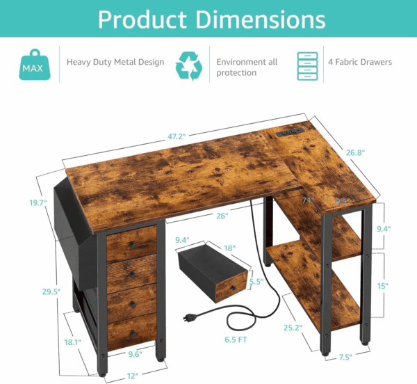 L Shaped Computer Desk with Drawers & Storage Shelves, 47 Inch Small Reversible Corner Desk with Power Outlet for Home Office Bedroom, L-Shaped Gaming PC Desks with Fabric Drawer, Rustic Brown - Image 3