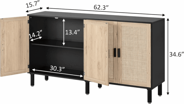 4 Door Sideboard Buffet Cabinet, Kitchen Storage Cabinet with Rattan Decorated Doors, Cupboard Console Table, Boho Accent Liquor Cabinet, Bar Cabient, 62.3X 15.7X 34.6 Inches, Black - Image 3