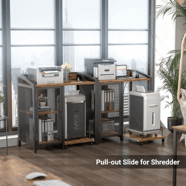 3-Tier Lateral Office Filing Cabinets with Socket and USB Charging Port, Modern Printer Stand and Paper Shredder Stand Rack with Wheels and Open Storage Shelves for Home Office, Rustic Brown - Image 6