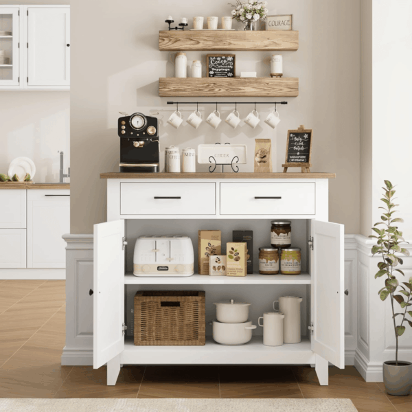 Kitchen Storage Cabinet, Modern Farmhouse Buffet Cabinet with Storage, Coffee Bar with 2 Drawers and 2 Doors, Floor Sideboard Buffet for Living Room, Dining Room, Bathroom, Ivory White - Image 5
