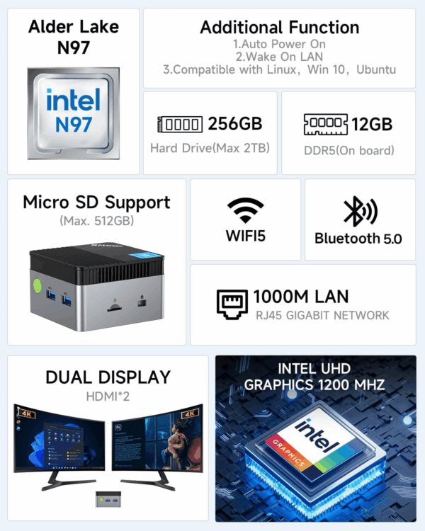 Mini PC N97 Preinstalled Windows 11 Pro, G5 Micro Desktop Computer, 12Th Gen Intel Alder Lake N97 (Up to 3.60Ghz) 12GB DDR5 256GB Hard Drive for Business, School, Office - Image 2