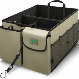 Drive Auto Car Trunk Organizer - Collapsible, Multi-Compartment Automotive SUV Car Organizer for Storage W/Adjustable Straps - Truck & Car Accessories for Women and Men - Tan