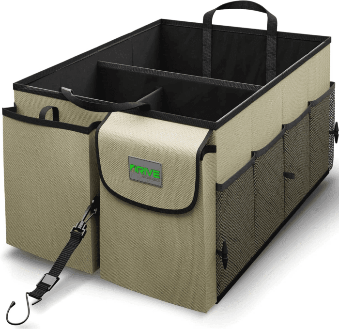 Drive Auto Car Trunk Organizer - Collapsible, Multi-Compartment Automotive SUV Car Organizer for Storage W/Adjustable Straps - Truck & Car Accessories for Women and Men - Tan
