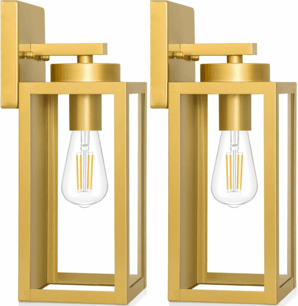 2-Pack Outdoor Wall Light Fixtures, Exterior Waterproof Wall Lanterns, Porch Sconces Wall Mounted Lighting with E26 Sockets & Glass Shades, Modern Wall Lamps for Patio Front Door, Gold