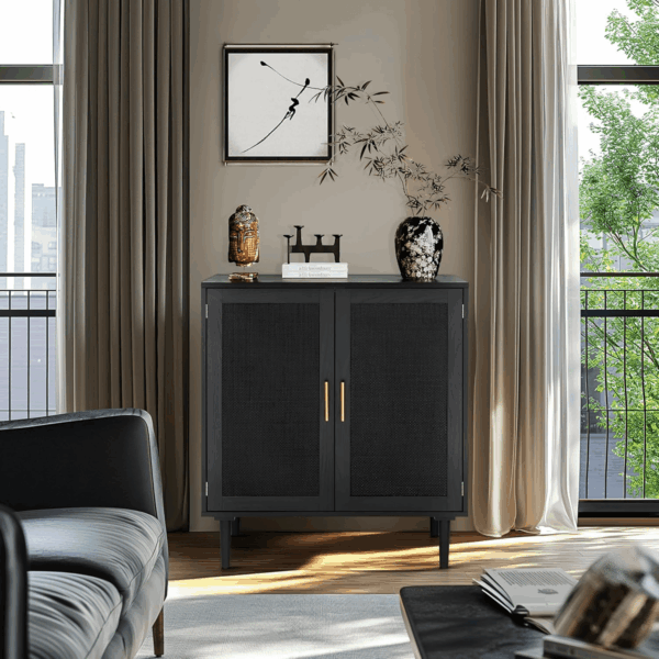 Sideboard Buffet Kitchen Storage Cabinet with Black Painted Rattan Decorated Doors, Dining Room, Hallway, Cupboard Console Table, Liquor/Accent Cabinet, 31.5X 15.8X 34.6 Inches, Black - Image 4