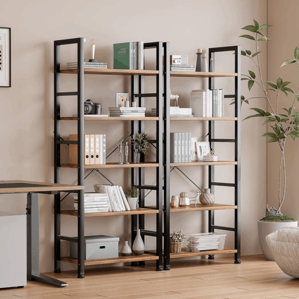 5-Tier Book Shelf Tall Modern Bookcase Set of 2 for Books, Cds, Movies, Storage and Organization Bookshelf Industrial Home Decor for Bedroom Office Kitchen Living Room, Rustic Brown - Image 8