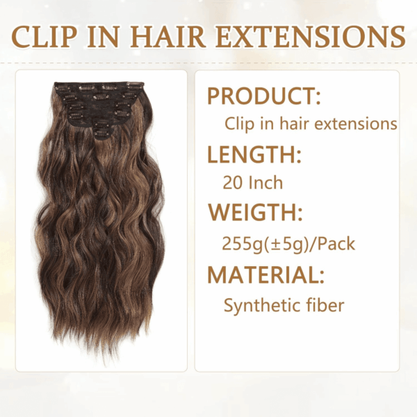 Clip in Hair Extensions for Women, 6PCS Long Wavy Curly Clip on Hair Extensions 20 Inch Dark Roasted Coffee Mixed with Caramel Brown Synthetic Hairpieces - Image 4