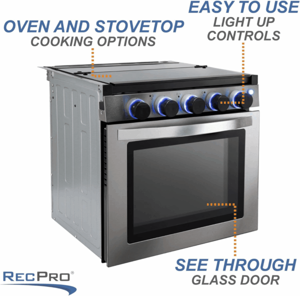 RV Stove Gas Range 21" Tall | 6500 and 8000 BTU Three Burner | 7100 BTU Oven with 1.8 Cu. Ft Capacity | Black or Stainless Steel Finish (Silver Version B, No Vented Range Hood) - Image 3
