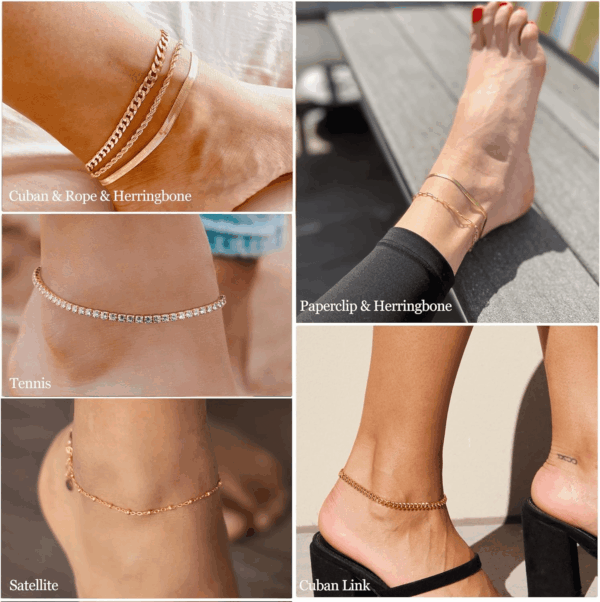 Gold Ankle Bracelets for Women Waterproof - Dainty 6Pcs 14K Gold Plated Anklets Layered Cuban Link Chain Herringbone Cute Anklets Set Pack Summer Beach Jewelry Gift for Women Teen - Image 5