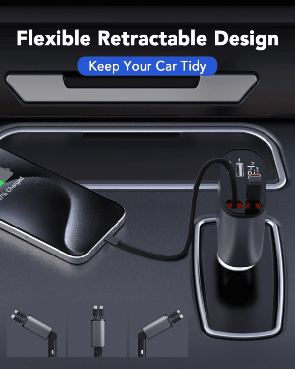 Retractable Car Charger Adapter,4 in 1 Fast Charging Car Phone Charger,69W USB C Car Truck Accessories,Road Trip Essentials Gift for Men Women for Iphone 16/15/14/13/12/11,Galaxy,Pixel - Image 8
