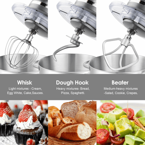 Stand Mixer,6.5-Qt 660W 6-Speed Tilt-Head Food Mixer, Kitchen Electric Mixer with Dough Hook, Wire Whip & Beater (6.5QT, Gray) - Image 4