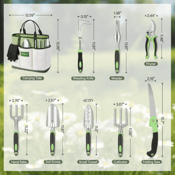 Garden Tool Set 10 Piece, Heavy Duty and Lightweight Aluminium Alloy Tools with Ergonomic Handle, Sturdy Storage Tote Bag, Gardening Hand Tools, Gardening Gift for Women and Men Green - Image 2