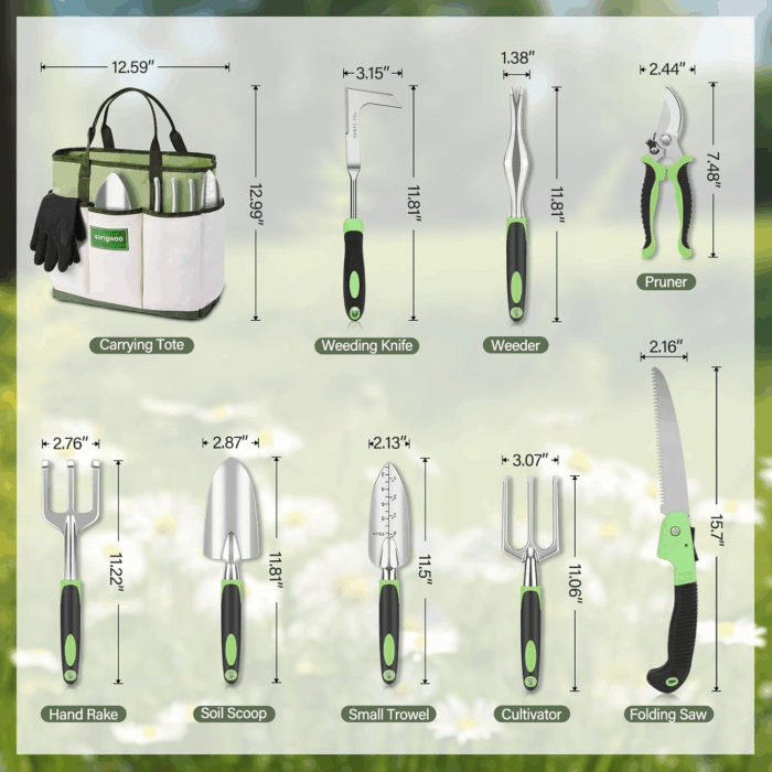 Garden Tool Set 10 Piece, Heavy Duty and Lightweight Aluminium Alloy Tools with Ergonomic Handle, Sturdy Storage Tote Bag, Gardening Hand Tools, Gardening Gift for Women and Men Green - Image 2