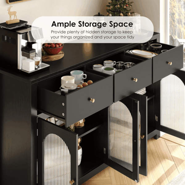 Buffet Cabinet with Storage, 55.1" Large Sideboard Buffet Farmhouse Kitchen Cabinet with 3 Drawers and 4 Doors, Wood Coffee Bar for Kitchen, Black - Image 5