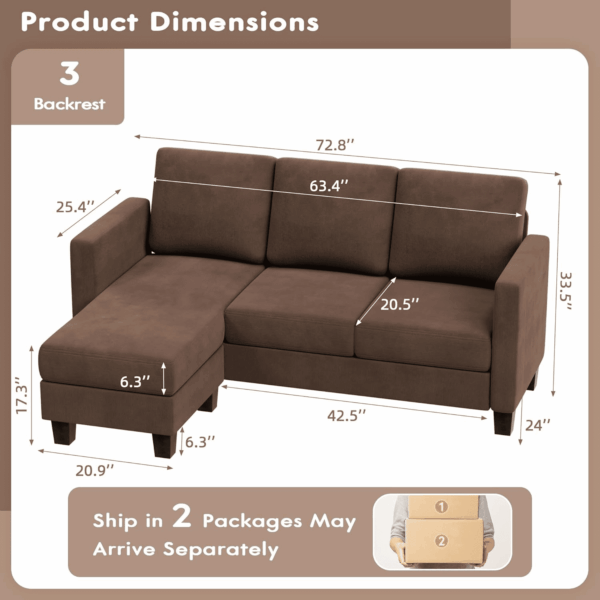 Convertible Sectional Sofa Couch, 3 Seat L-Shaped Sofa with Linen Fabric Ottoman Small Couch for Small Apartments, Living Room and Office (Linen Fabric, Brown) - Image 2