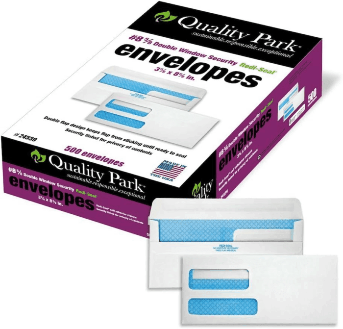 #8 5/8 Security Envelopes, Double Window, Self Seal Envelopes for Invoices/Statements, 3-5/8" X 8-5/8", 24 Lb White, 5/Box (QUA24539)