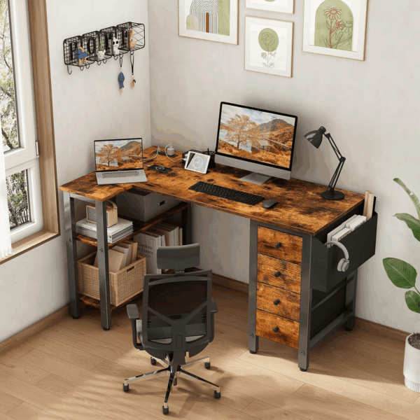 L Shaped Computer Desk with Drawers & Storage Shelves, 47 Inch Small Reversible Corner Desk with Power Outlet for Home Office Bedroom, L-Shaped Gaming PC Desks with Fabric Drawer, Rustic Brown - Image 2