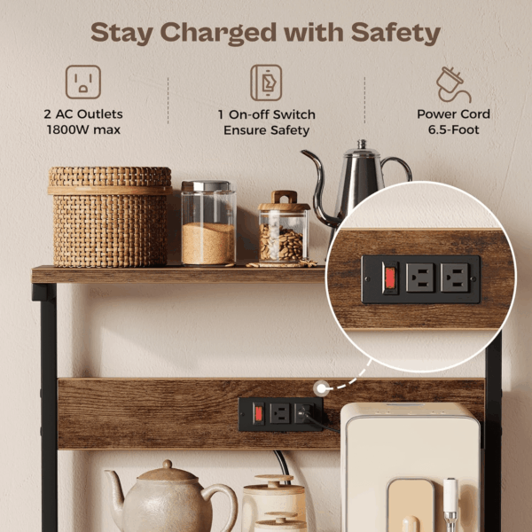 Kitchen Bakers Rack with Power Outlet, Coffee Bar Table 4 Tiers, Kitchen Microwave Stand with 6 S-Shaped Hooks, Kitchen Storage Shelf Rack for Spices, Pots and Pans - Rustic Brown - Image 3
