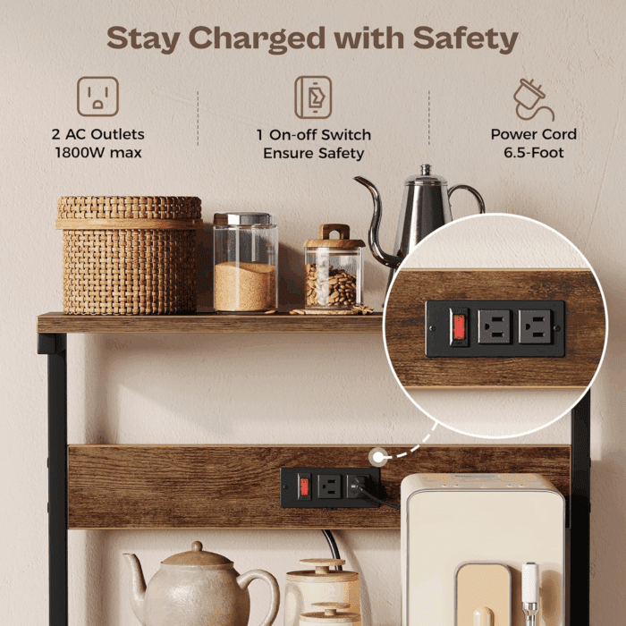 Kitchen Bakers Rack with Power Outlet, Coffee Bar Table 4 Tiers, Kitchen Microwave Stand with 6 S-Shaped Hooks, Kitchen Storage Shelf Rack for Spices, Pots and Pans - Rustic Brown - Image 3