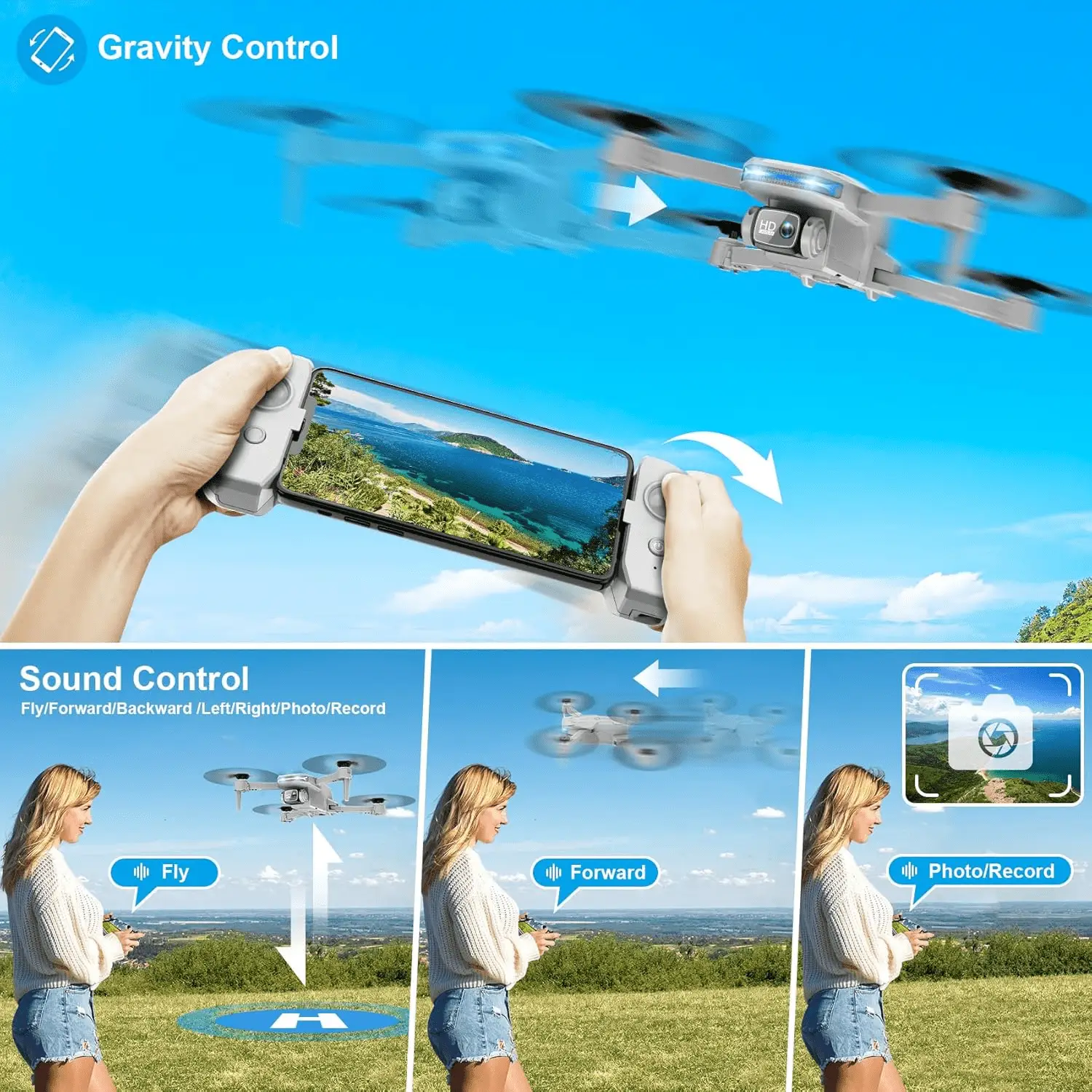 Drone with 1080P Camera - Foldable Remote Control Quadcopter with Voice Gesture Control, 3D Flip, One Key Start, Emergency Stop, 2 Batteries, Easier to Use, Toy for Kids Adults Beginners, Grey - Image 5