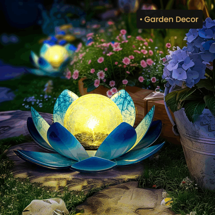 Solar Light Outdoor Garden Decor, Lotus Flower Light Crackle Globe Glass Lantern Outdoor Table Decor Waterproof for Patio, Lawn, Pathway, Pool, Pond, Christmas Gift (Blue Petal) - Image 2