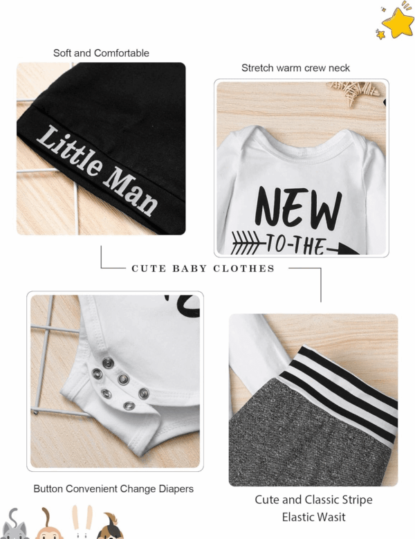 Newborn Baby Boy Clothes New to the Crew Letter Print Romper+ Pants+Hat 3PCS Outfit - Image 5
