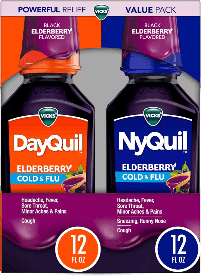 Dayquil & Nyquil Elderberry Flavor Cold & Flu Liquid Medicine Co-Pack, Multi-Symptom Relief of Headache, Fever, Sore Throat, Minor Aches & Pains, Sneezing, Runny Nose, and Cough, 2X12Oz
