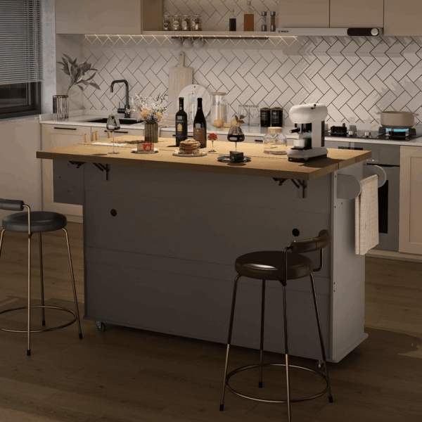 60" Kitchen Island with Power Outlet & Drop Leaf, Kitchen Rolling Island with Spice Rack & Towel Rack, Knife Holder, Kitchen Island Cart with Trash Storage Cabinet, Mobile Island Table for Kitchen - Image 8
