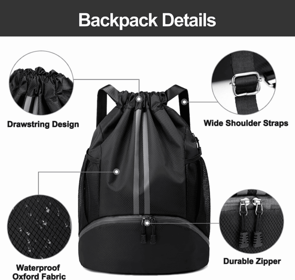 Sports Drawstring Backpack - String Swim Gym Bag with Shoes Compartment and Wet Proof Pocket for Women&Men - Image 5