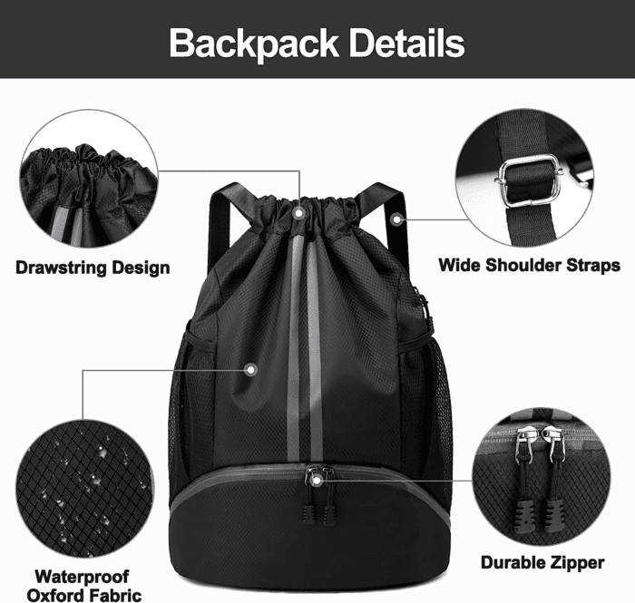 Sports Drawstring Backpack - String Swim Gym Bag with Shoes Compartment and Wet Proof Pocket for Women&Men - Image 5