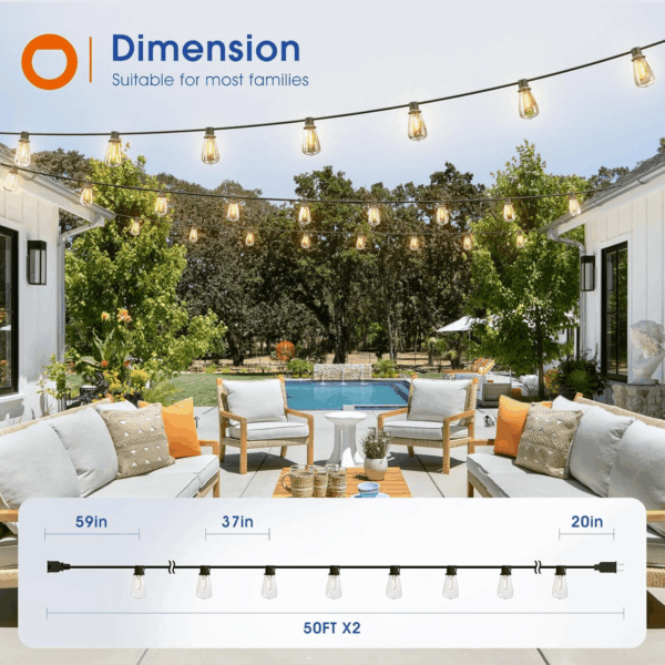 100FT(50FT*2) LED Outdoor String Lights Waterproof Patio Lights with Shatterproof ST38 Replaceable Bulbs, Dimmable outside Hanging Light Connectable for Porch, Backyard, 2200K - Image 6