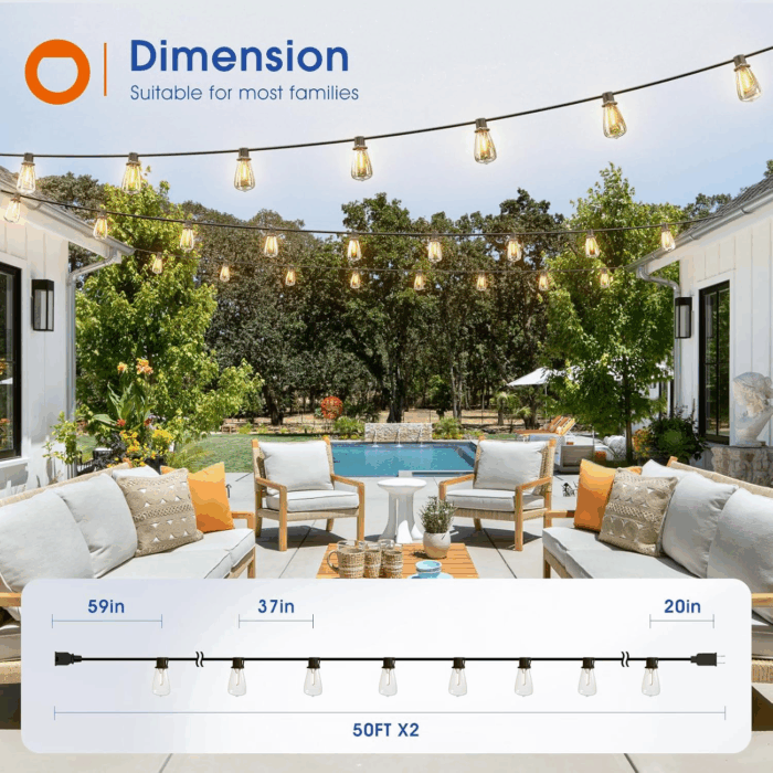 100FT(50FT*2) LED Outdoor String Lights Waterproof Patio Lights with Shatterproof ST38 Replaceable Bulbs, Dimmable outside Hanging Light Connectable for Porch, Backyard, 2200K - Image 6