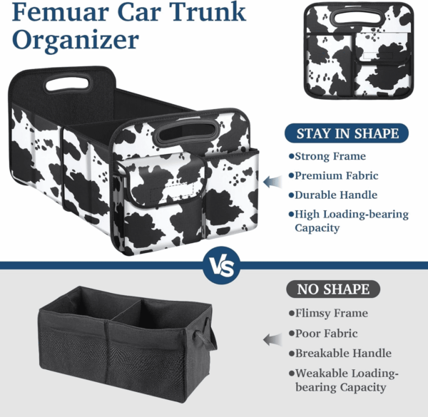 Car Trunk Organizer, Cow Print, Vintage Style, 52L Capacity, 4 Compartments, Waterproof, Non-Slip, Collapsible, 22.5"D X 18"W X 10.8"H - Image 3
