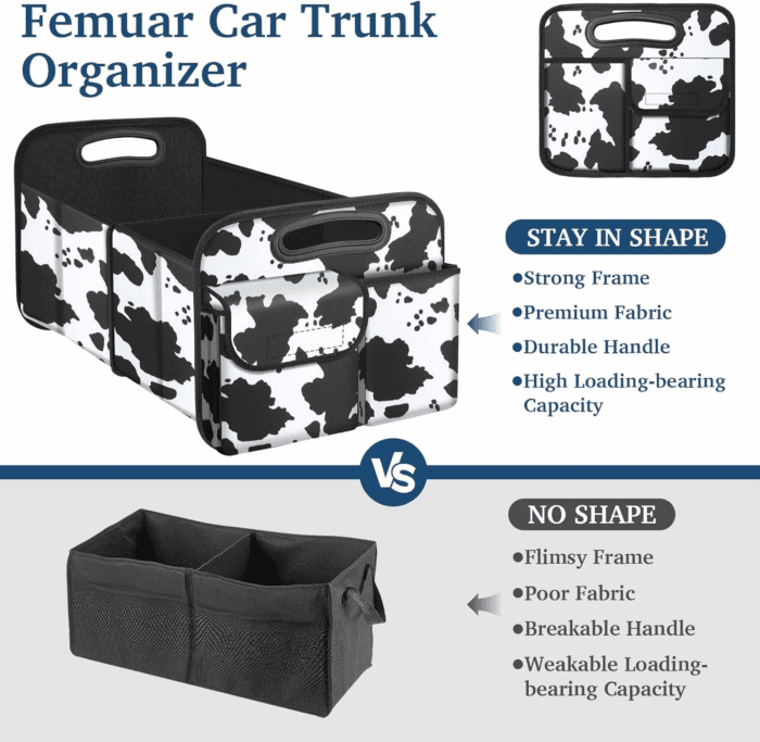 Car Trunk Organizer, Cow Print, Vintage Style, 52L Capacity, 4 Compartments, Waterproof, Non-Slip, Collapsible, 22.5"D X 18"W X 10.8"H - Image 3