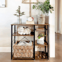 ALINRU Kitchen Baker’S Rack, Coffee Bar, Microwave Oven Stand, with Steel Frame, Wire Basket, 6 Hooks, 35.4", Rustic Brown - Image 9