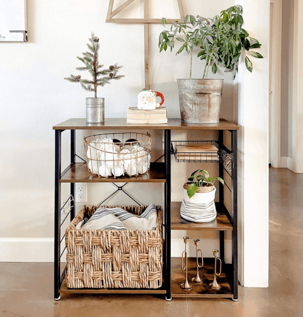ALINRU Kitchen Baker’S Rack, Coffee Bar, Microwave Oven Stand, with Steel Frame, Wire Basket, 6 Hooks, 35.4", Rustic Brown - Image 9