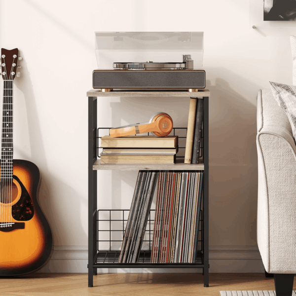 Side Table, Small End Table Record Player Stand with Storage, Vinyl Record Storage Night Stand for Living Room, Bedroom,Office(Patent Pending)(Greige & Black) - Image 7