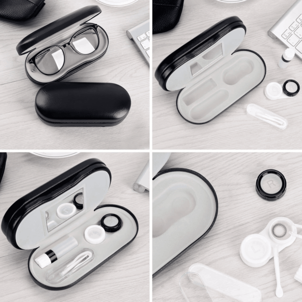 2 in 1 Double Sided Portable Contact Lens Case and Glasses Case,Dual Use Design with Built-In Mirror,Tweezer and Contact Lens Solution Bottle Included for Travel Kit,Black - Image 6