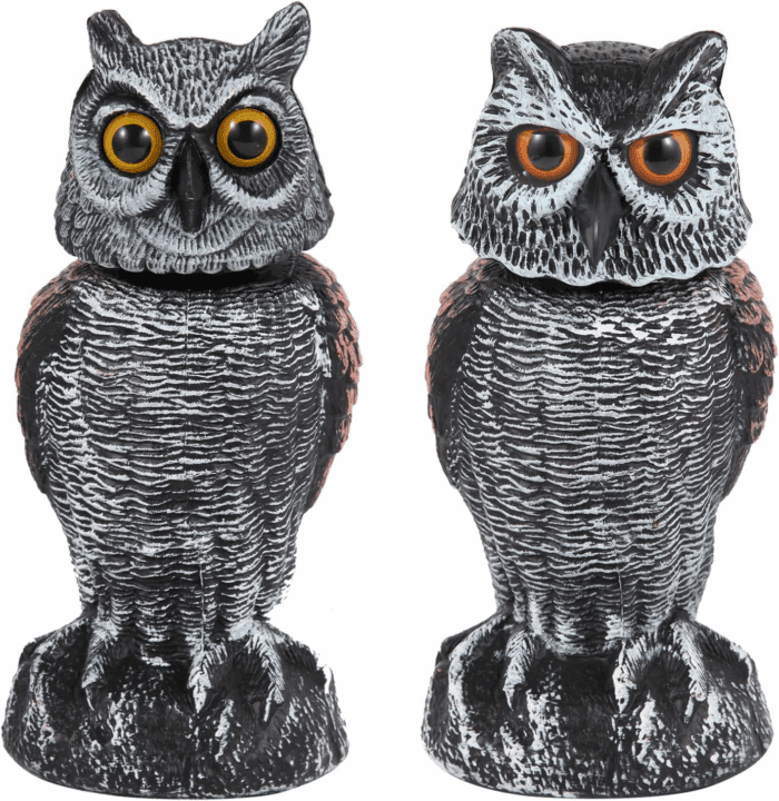 2 Pack Fake Owl Decoys to Scare Birds Away, Rotating Head Bird Deterrents, Nature Enemy Scarecrow Plastic Statues, Pest Repellent for Gardens and Patios