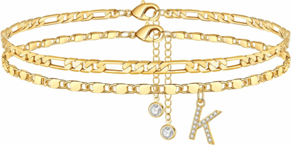Ankle Bracelets for Women, 14K Gold Plated Dainty Layered Chain CZ Initial Anklets Set Summer Jewelry Gifts for Women