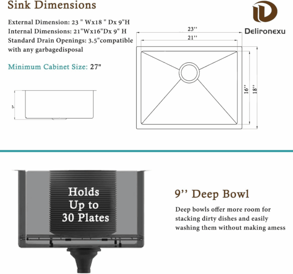 23 Inch Undermount Kitchen Sink -  18 Gauge Stainless Steel Kitchen Sink, 23"X18" Single Bowl Kitchen Sinks with Brushed Finish, Ideal for Bar Sinks, and RV Sink - Image 3