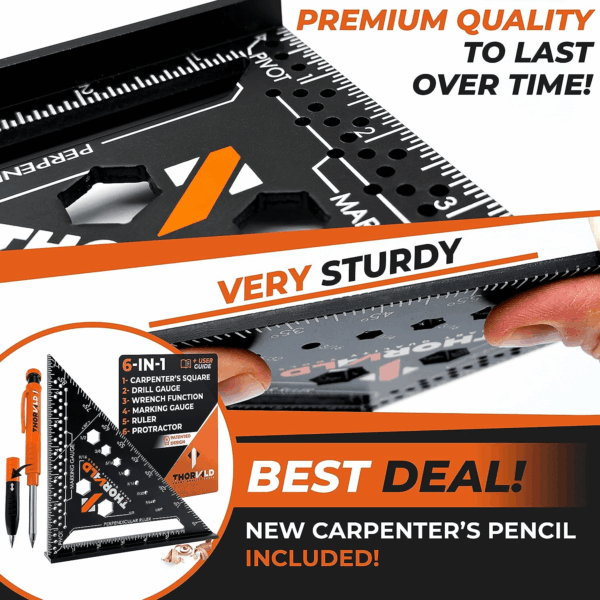 6-In-1 Carpenter Square 7 Inch (1/16" Precision) T Square Multi-Purpose Carpenter Tools : Wrench, Square, Protractor, Ruler, Marking Gauge, Drill Gauge, Includes 2-In-1 Carpentry Pencil - Image 5