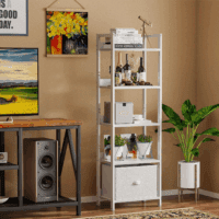 5 Tier Bookshelf with Drawer, Tall Narrow Bookcase with Shelves, Wood and Metal Book Shelf Storage Organizer, Modern Display Standing Shelf Unit for Bedroom, Living Room, Office, White - Image 6