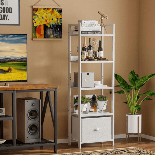 5 Tier Bookshelf with Drawer, Tall Narrow Bookcase with Shelves, Wood and Metal Book Shelf Storage Organizer, Modern Display Standing Shelf Unit for Bedroom, Living Room, Office, White - Image 6