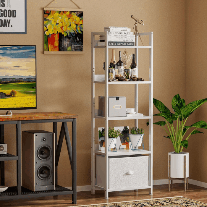 5 Tier Bookshelf with Drawer, Tall Narrow Bookcase with Shelves, Wood and Metal Book Shelf Storage Organizer, Modern Display Standing Shelf Unit for Bedroom, Living Room, Office, White - Image 6