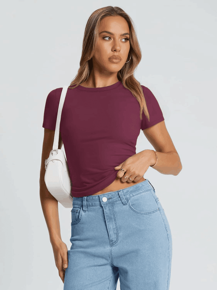 Womens Basic T Shirts Summer Tops 2025 Crop Short Sleeve Slim Fit Tee Cute Gym Workout Clothes - Image 5