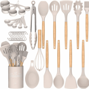 Kitchen Cooking Utensils Set, 33 Pcs Non-Stick Silicone Cooking Kitchen Utensils Spatula Set with Holder, Wooden Handle Silicone Kitchen Gadgets Utensil Set (Khaki)