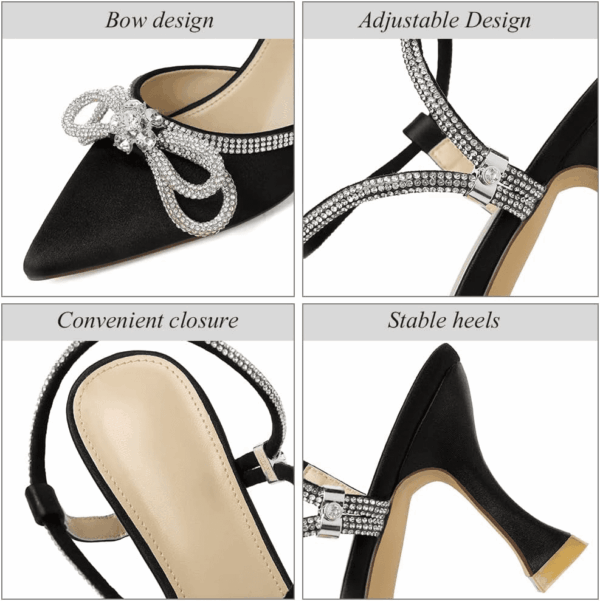 Women'S Closed Toe Rhinstone Wedding Low Heel Slingback Clear Kitten Heels,Adjustable Strap Pointed Toe Bow Pumps High Heeled Prom Dress Shoes - Image 8