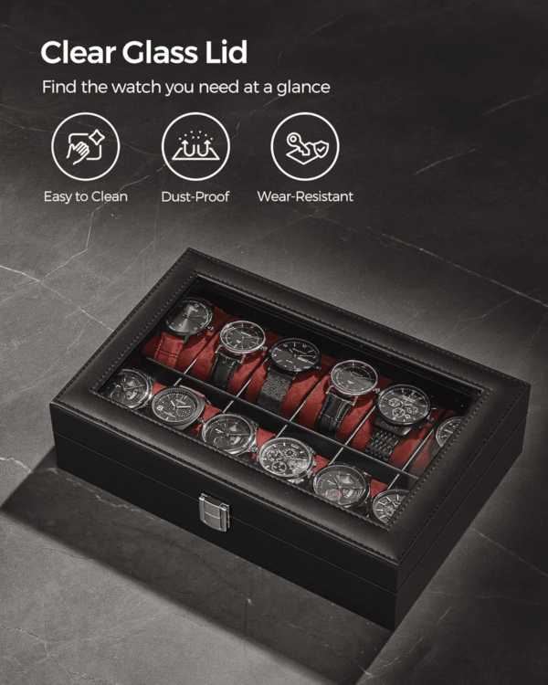 Watch Box, 12-Slot Watch Case with Large Glass Lid, Removable Watch Pillows, Watch Box Organizer, Gift for Loved Ones, Black Synthetic Leather, Wine Red Lining UJWB120R01 - Image 5