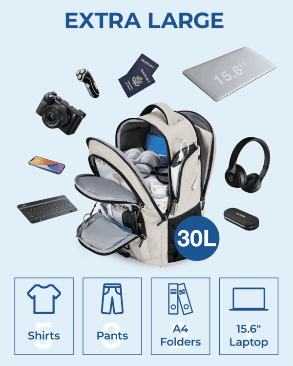 Travel Laptop Backpack, 15.6 Inch Laptop Backpack with USB Charger Hole, Water Resistant College Bookbag for Women Men, Casual Daily Backpack for Travel, Beige - Image 2